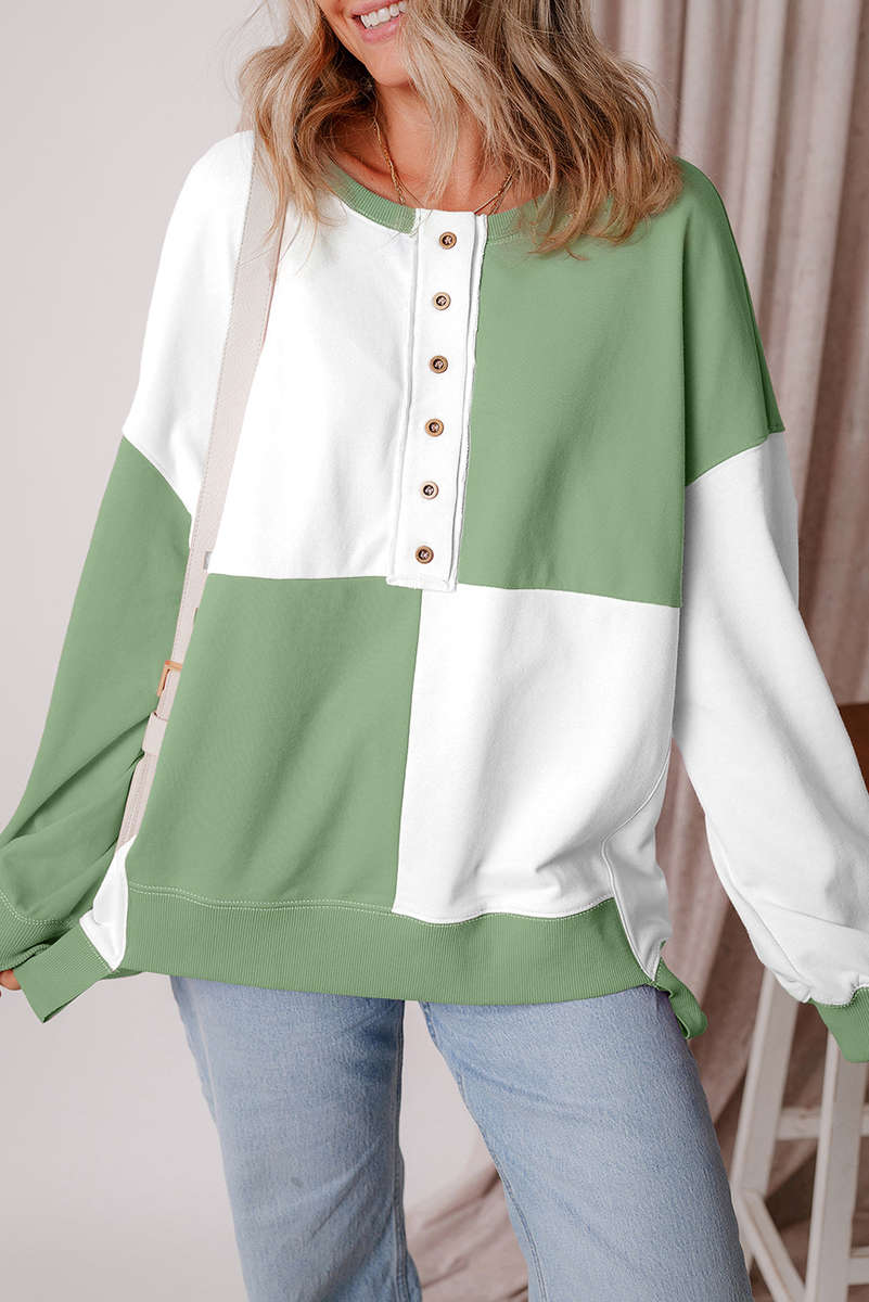 Grass Green Colorblock Henley High Low Oversize Sweatshirt