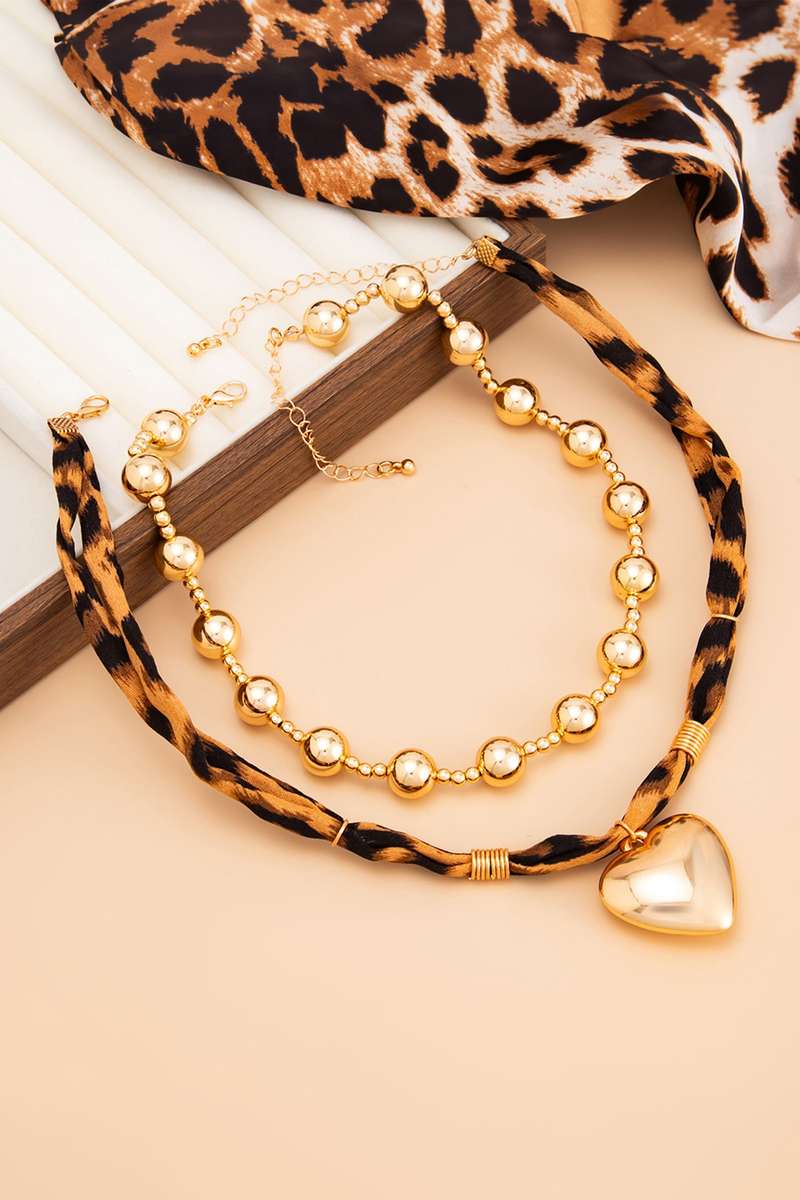 Gold Plated Mixed Beads Heart Charm Leopard Scarf 2pcs Necklace Set