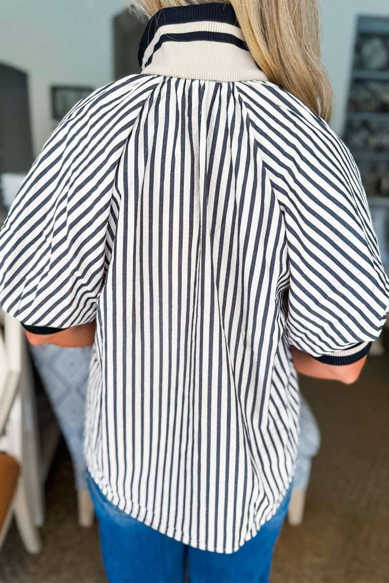 Black Stripe Polo Collar Half Zip Short Puff Sleeve Blouse