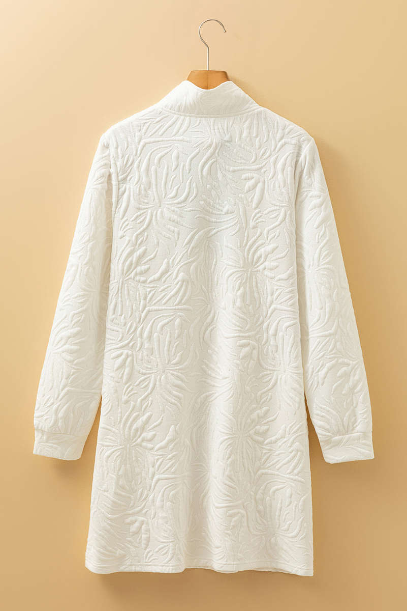 White Jacquard Textured Quarter Zipper Shift Mini Dress