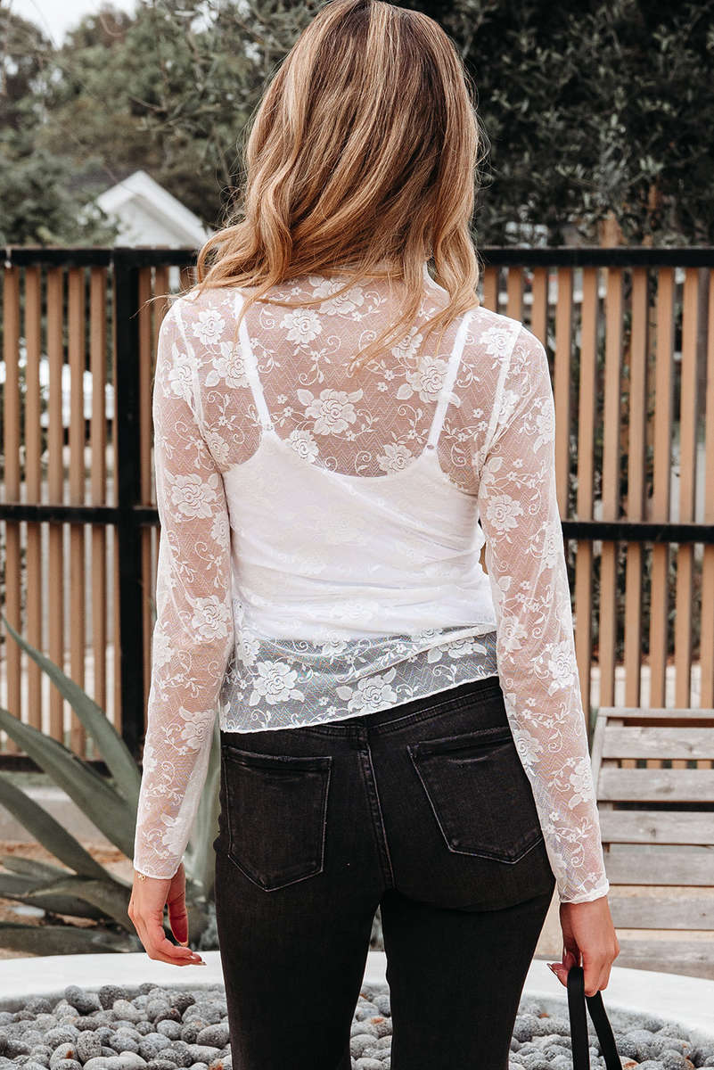 White Sheer Floral Lace Mesh Mock Neck Long Sleeve Top