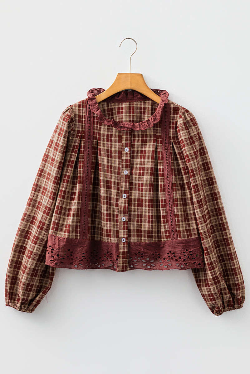 Red Dahlia Plaid Eyelet Lace Trim Button Down Loose Long Sleeve Shirt