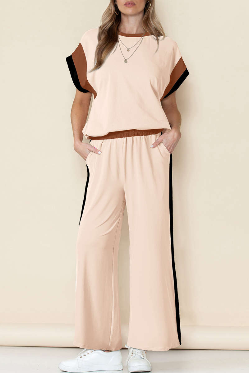 White Color Block Detail Casual Two-piece Set