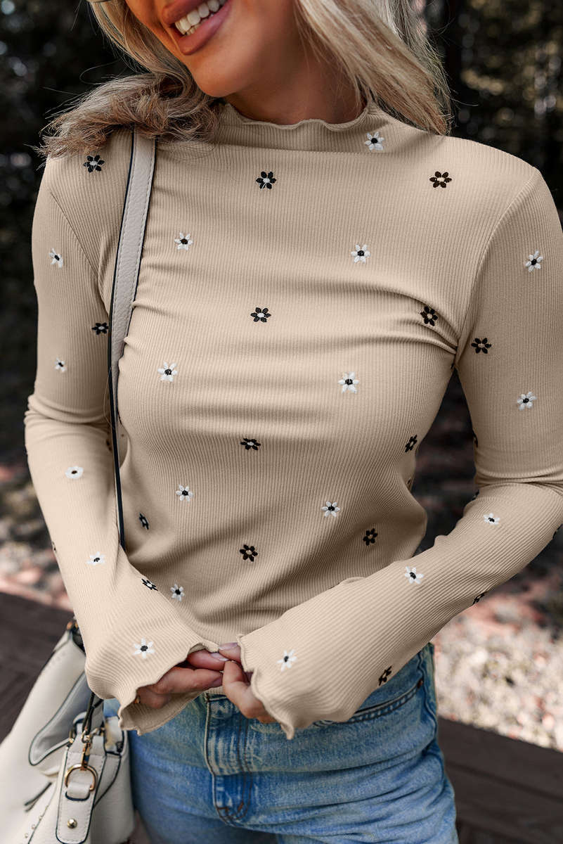 Jet Stream Floral Embroidered Detail Ribbed Long Sleeve Top