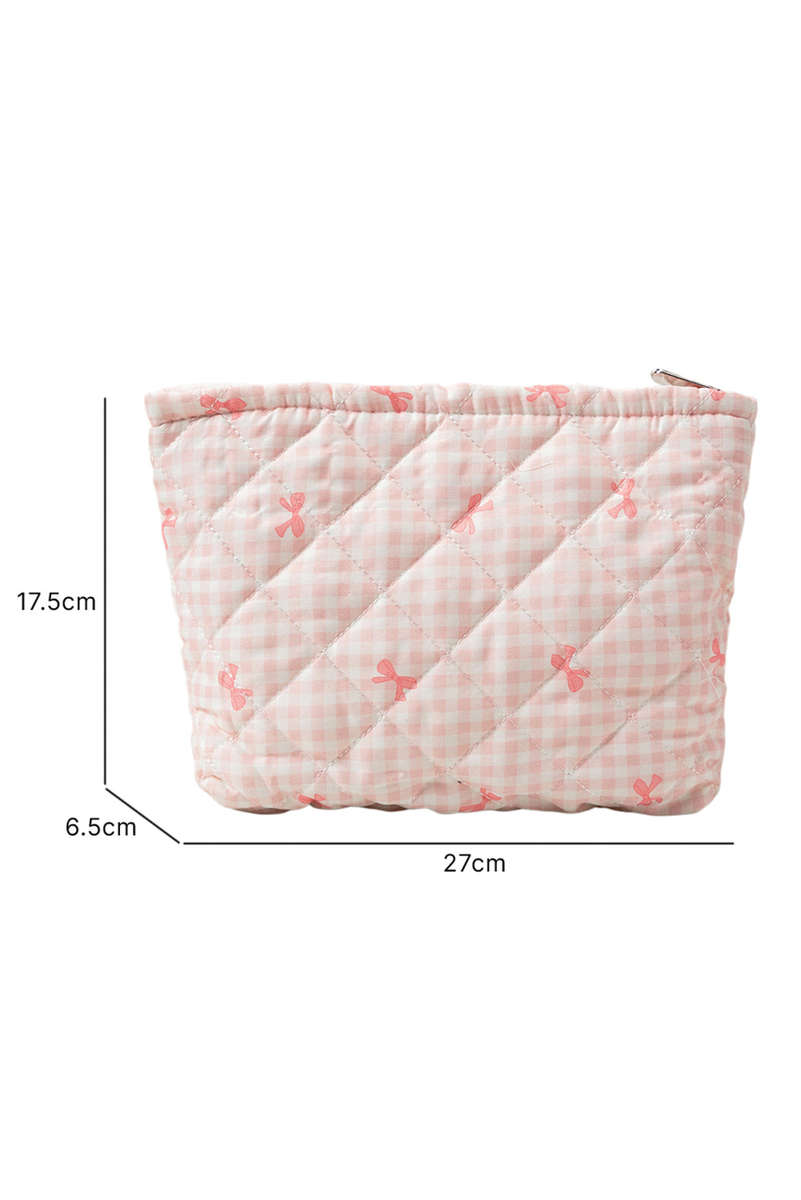 Pink Bow Knot Print Zipper Quilted Large Cosmetic Bag