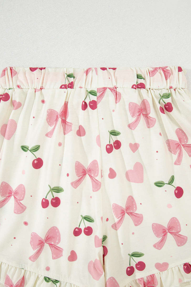 Beige Bow Fruit Print Contrast Pipping Short Pajamas Set