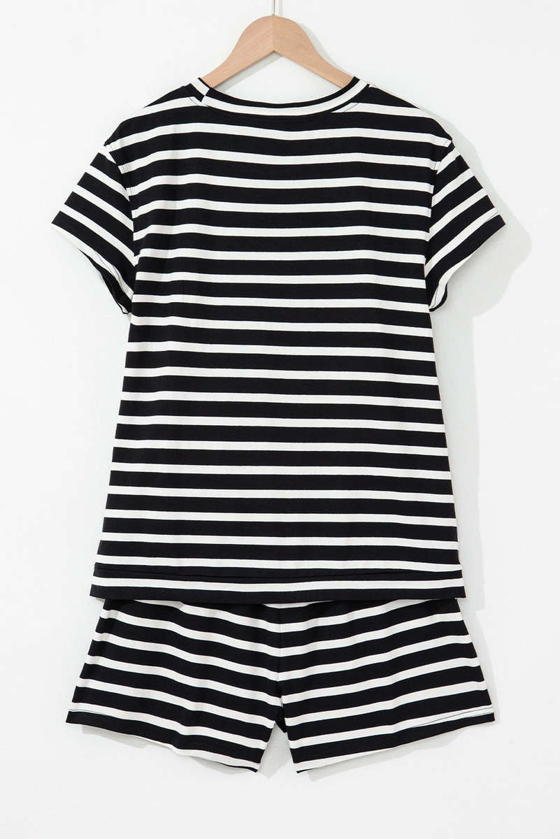 Black White Striped Short Sleeve Top and Shorts Set