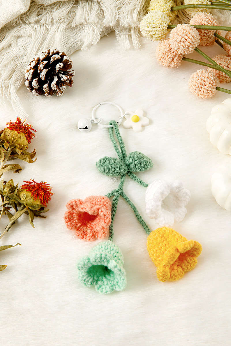 Meadow Mist Green Handmade Crochet Bell Orchid Flower Key Ring Bag Pendant