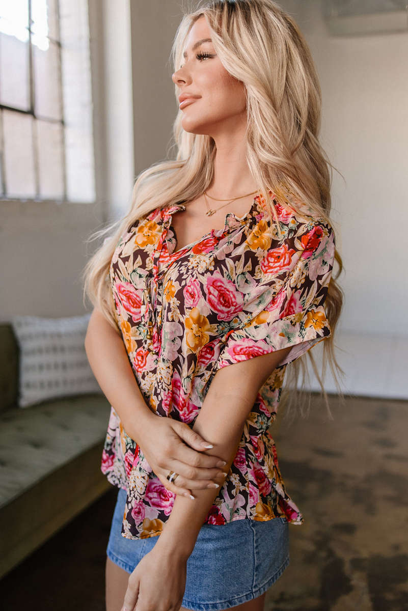 Pink Floral Print Crew Neck Short Sleeve Shift Blouse