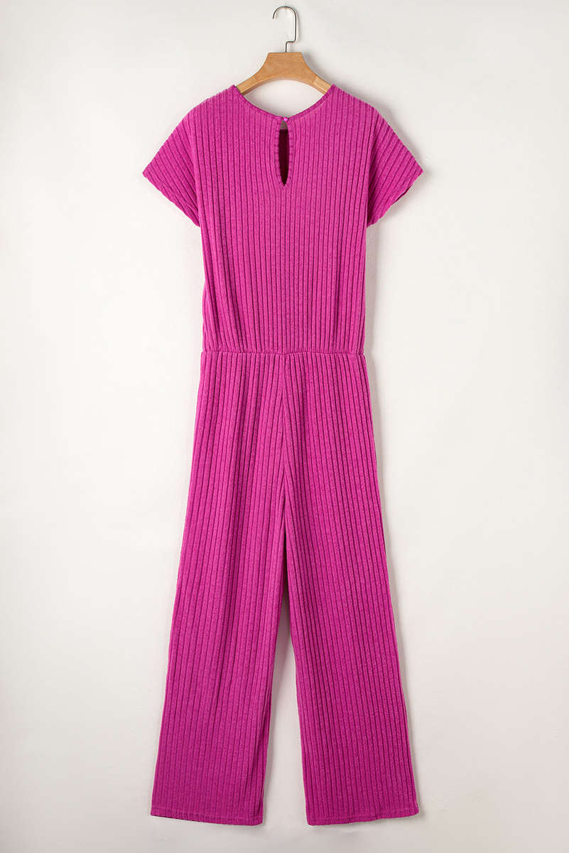 Rose Red Solid Color Ribbed Short Sleeve Wide Leg Jumpsuit