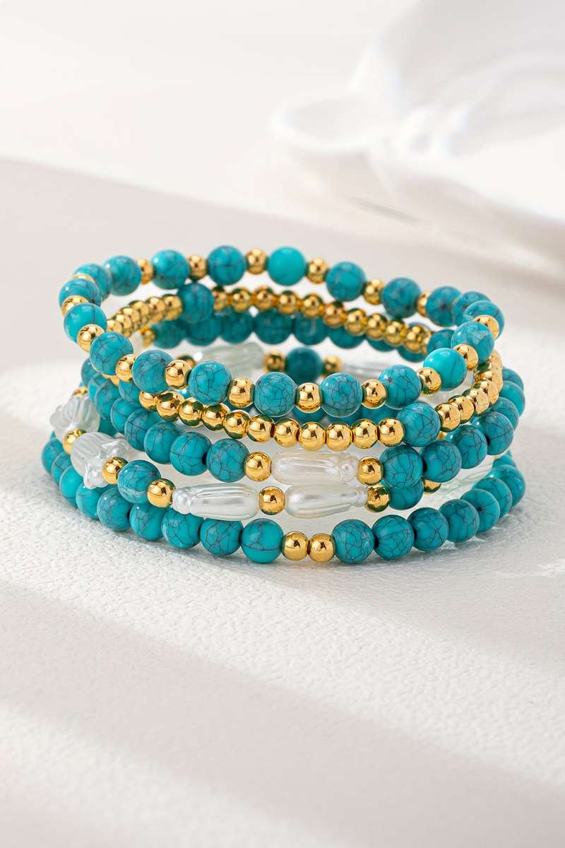 Turquoise Mixed Golden Beads Pearlish Detail 5pcs Bracelet Set