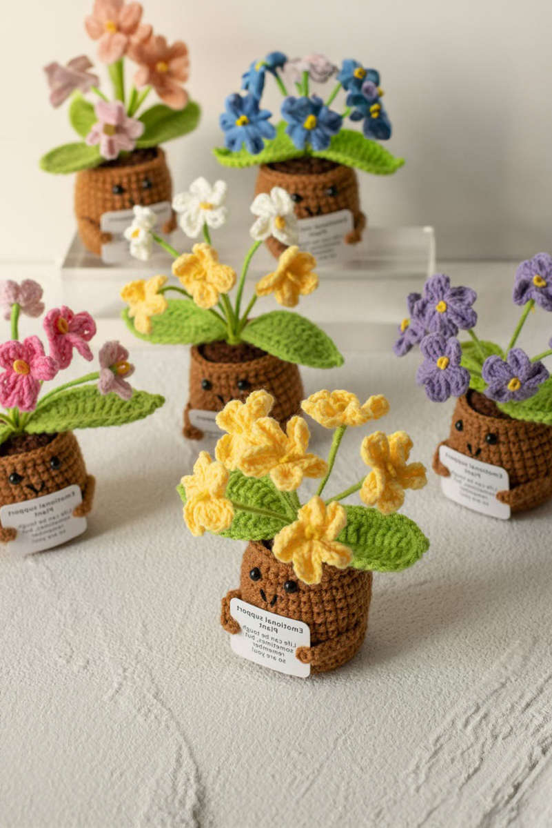 Coffee Handmade Crochet Flower Pot Emotional Support Decoration with Organic Size Variations
