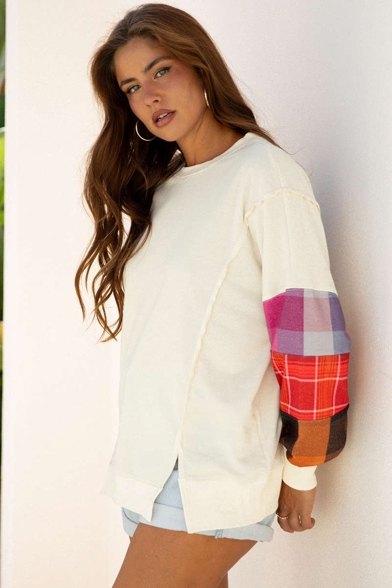 Beige Contrast Plaid Long Sleeve Exposed Seam Patchwork Top
