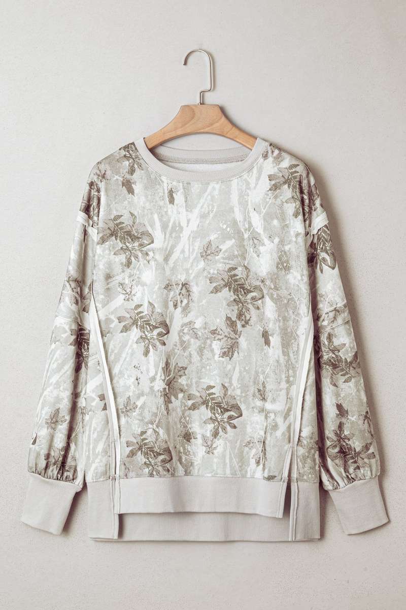 Gray Leafy Camo Print Exposed Seam Patchwork Baggy Slit Sweatshirt