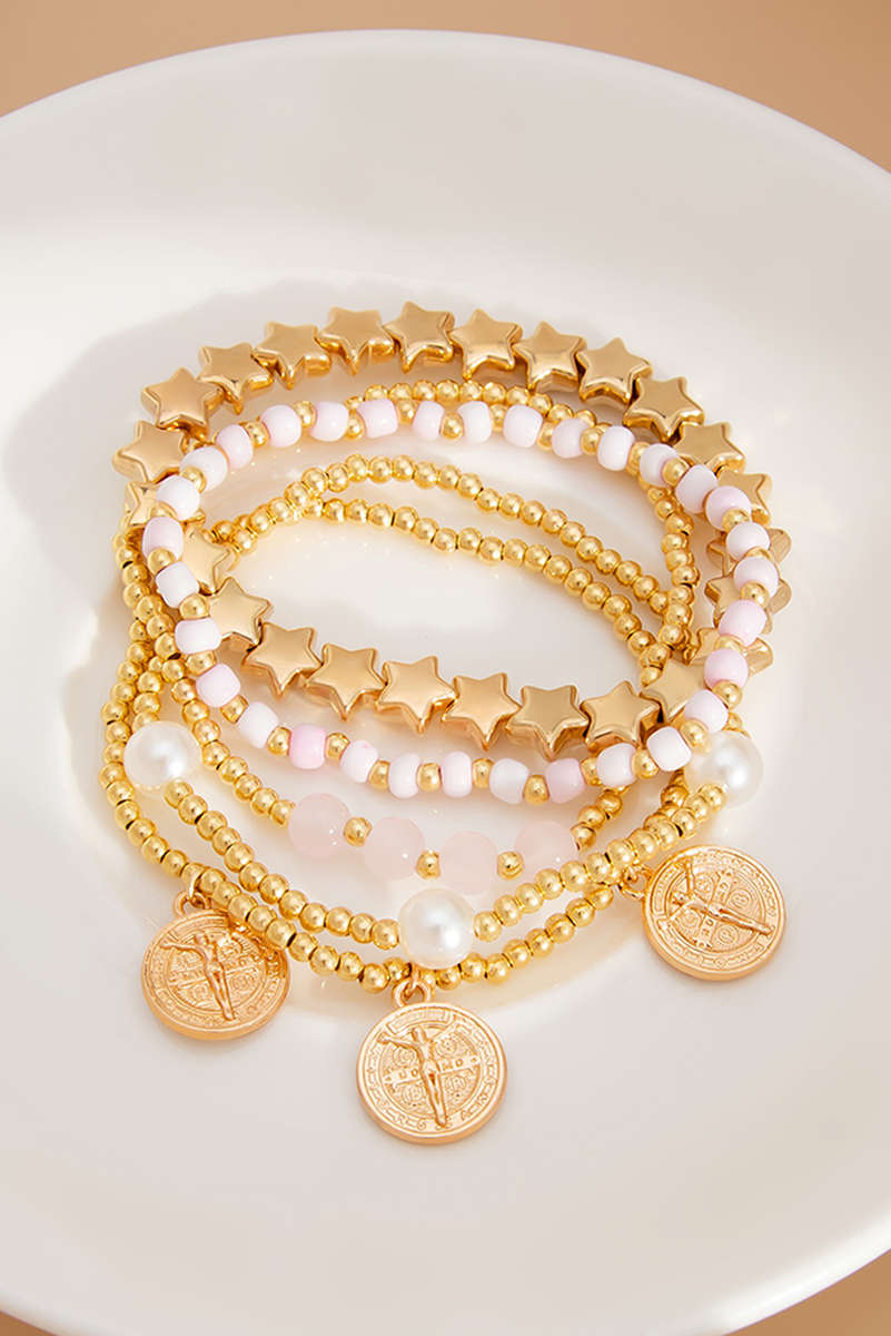 Gold Discs Pearl Stars Beaded Multi Layer Bracelet Set