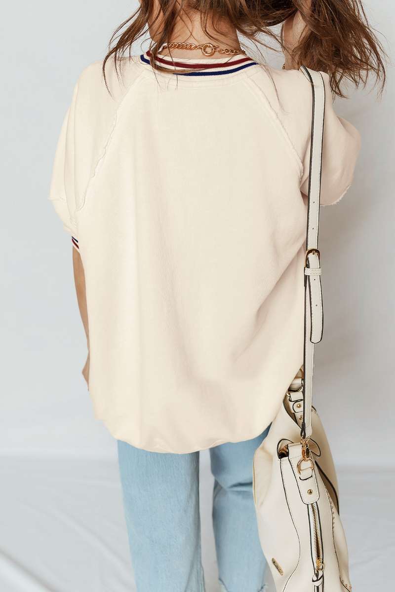 Beige Contrast Varsity Striped Neckline Cuffed Short Sleeve Loose Tunic Top