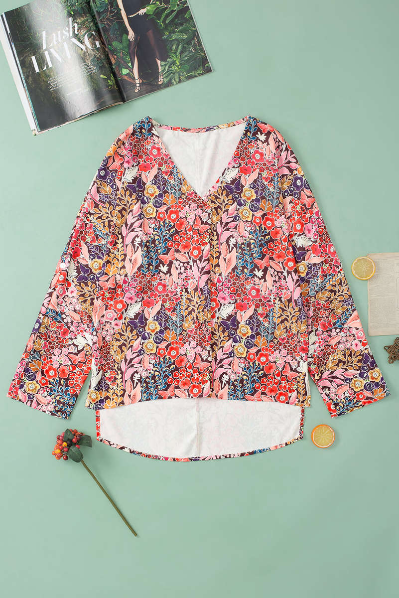 Multicolor Boho Floral Long Sleeve V-Neck Blouse