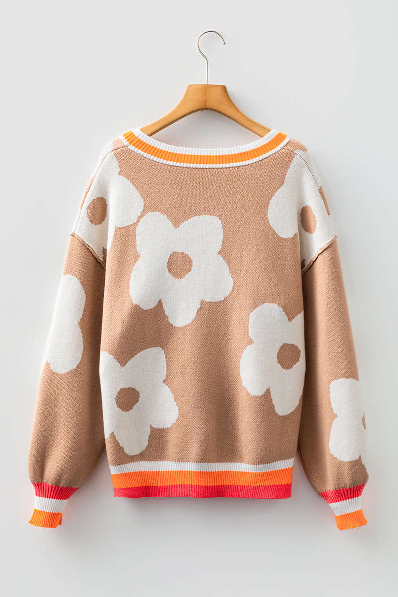 Smoke Gray Big Flower Pattern Contrast Striped Baggy Sweater