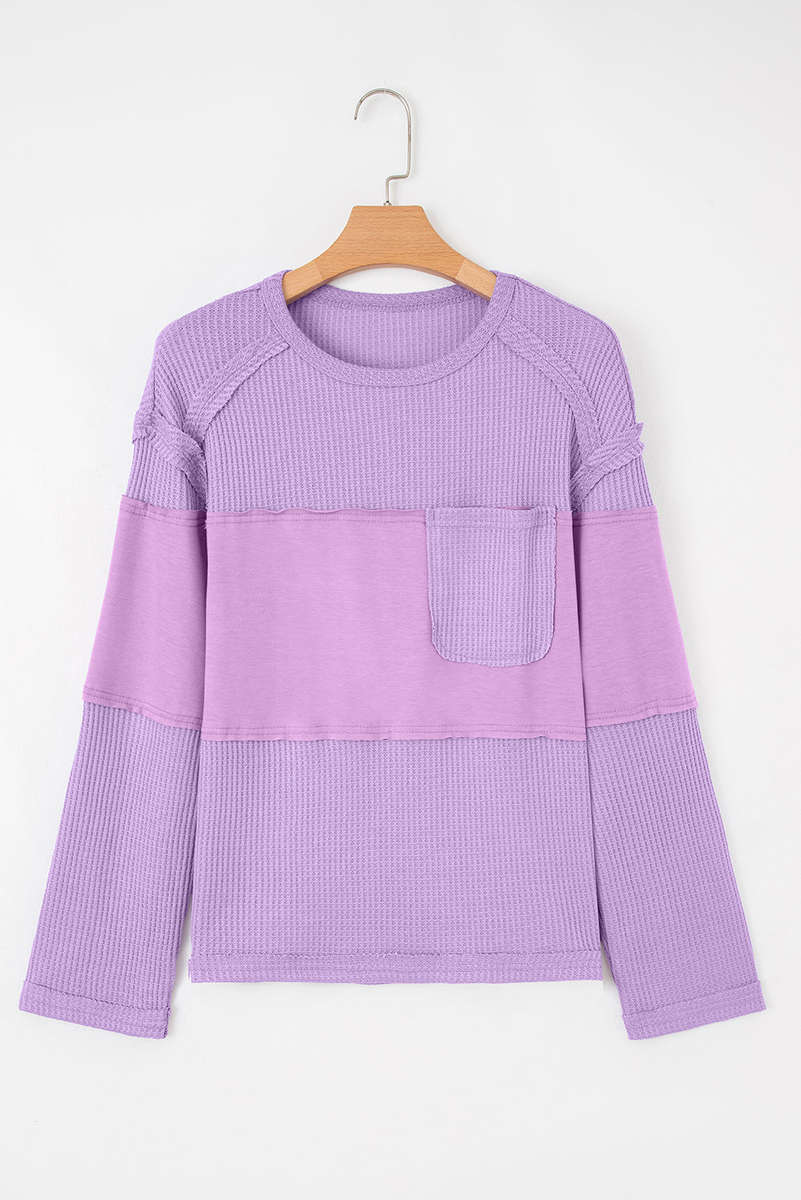Phalaenopsis Thermal Knit Contrast Textured Patchwork Long Sleeve Top