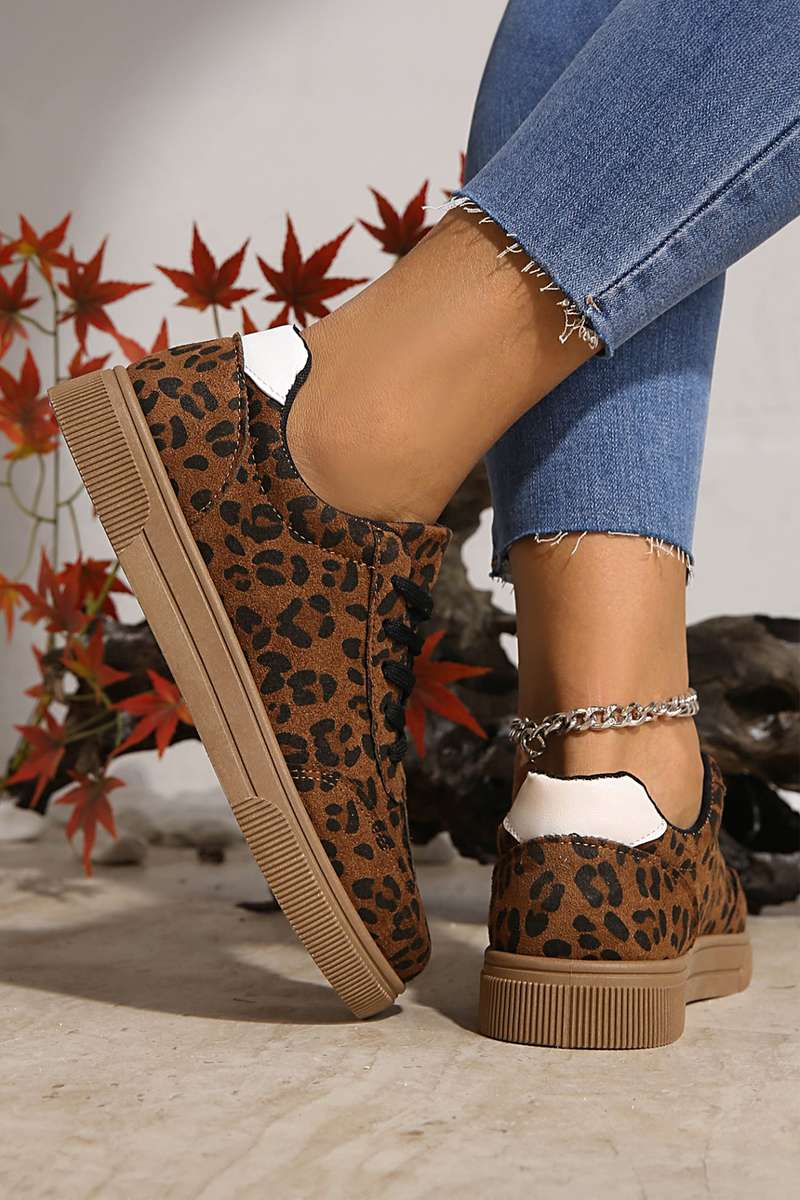 Coffee Leopard Print Contrast Heel Tab Patchwork Laceup Shoes