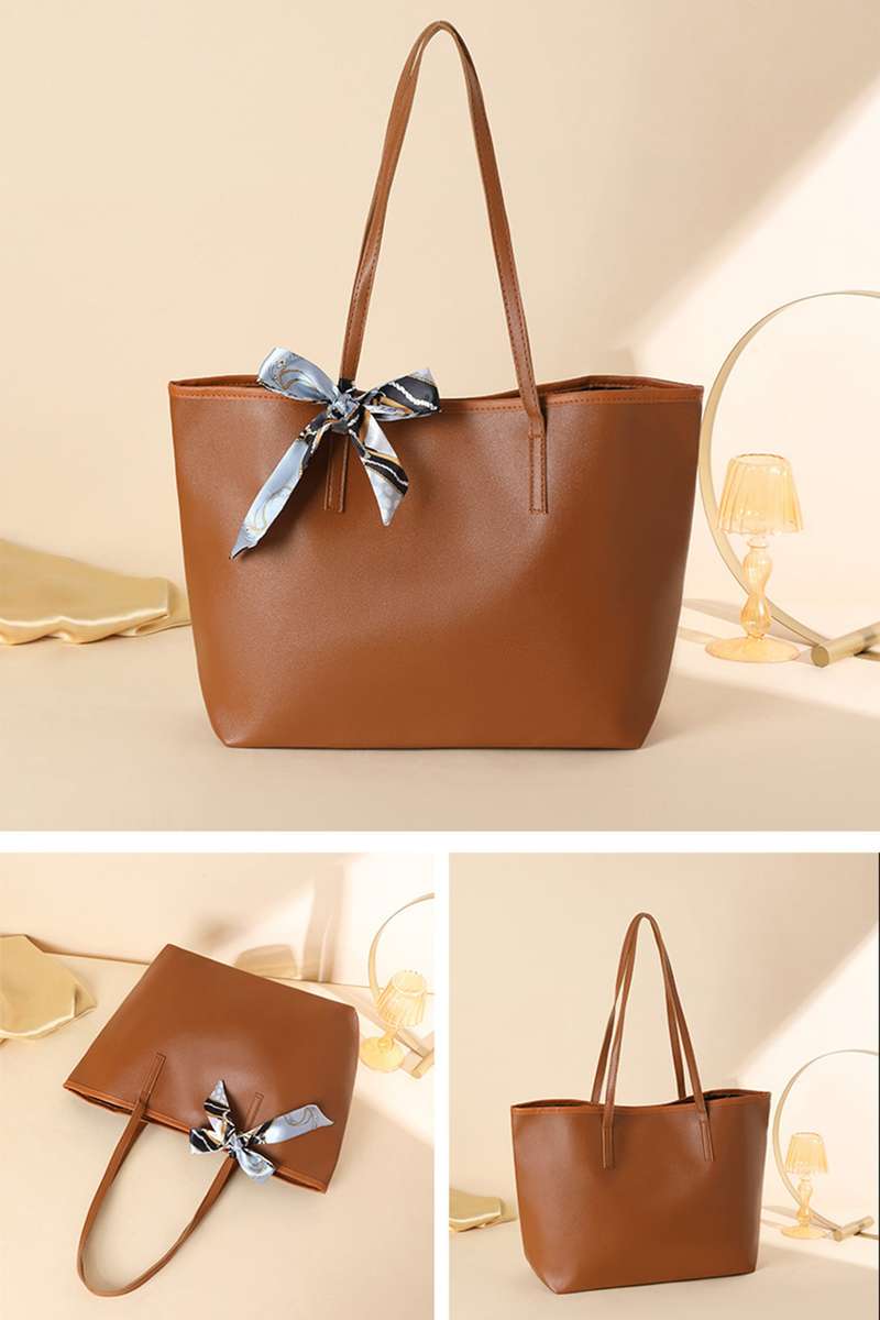 Chestnut Solid Color Large Capacity PU Leather Bag with Ribbon Detail