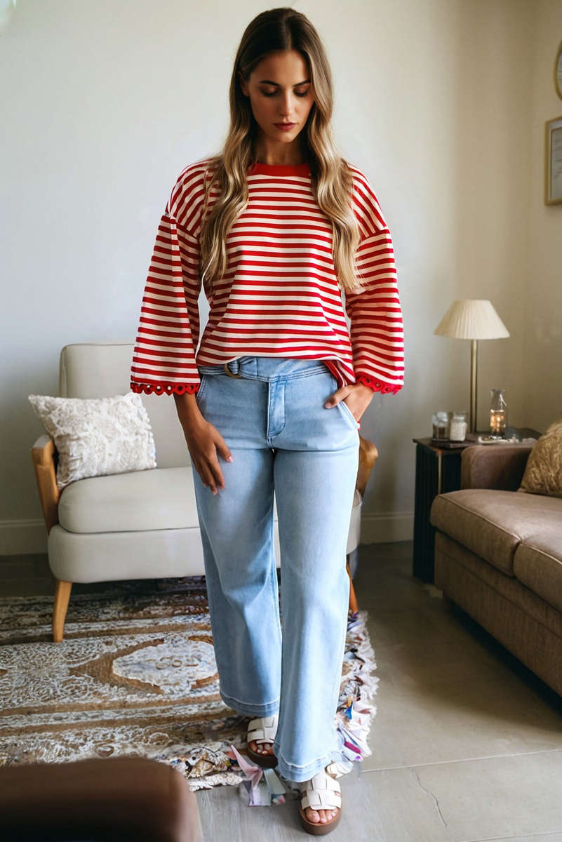 Racing Red Striped Print Drop Shoulder Lace Trim Bracelet Sleeve Loose Top