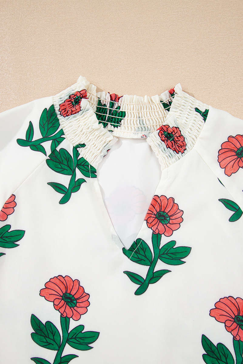 Beige Floral Print Shirred Split Neck Short Sleeve Blouse