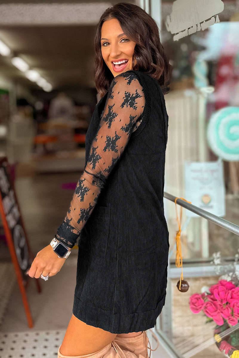 Black Corduroy Sleeveless Mini Dress With Patched Pockets