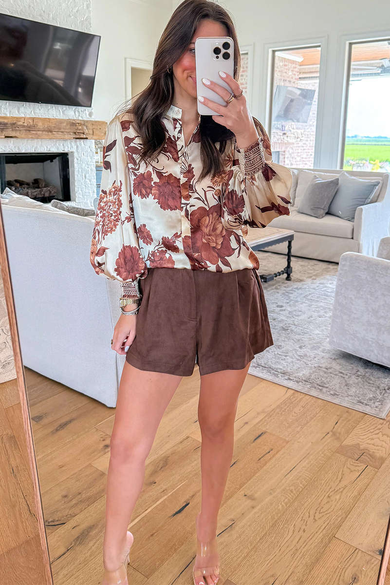 Brown Floral Print Button Down Poet Sleeve Shirt