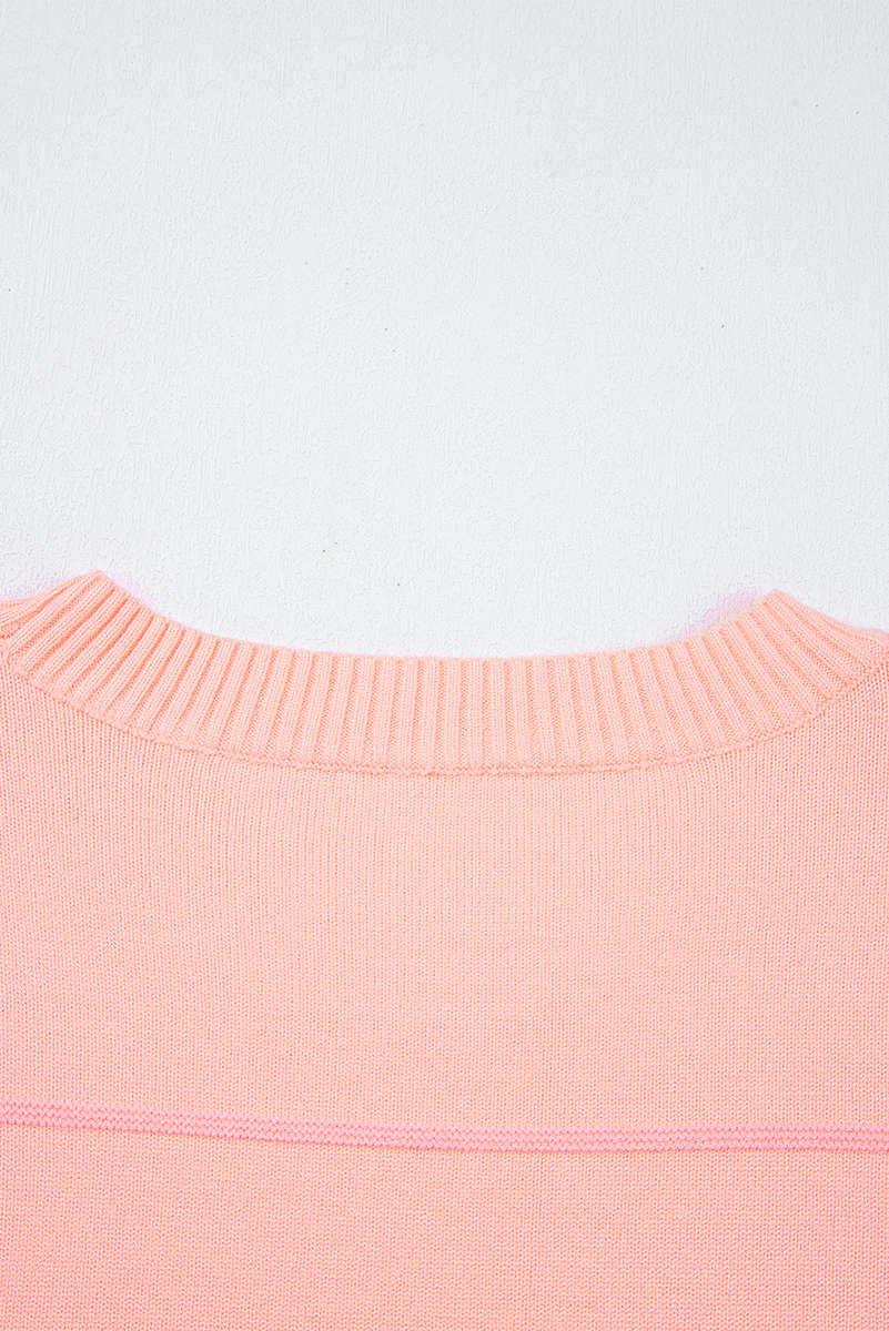 Pink Colorblock Striped Half Sleeve Drop Shoulder Sweater