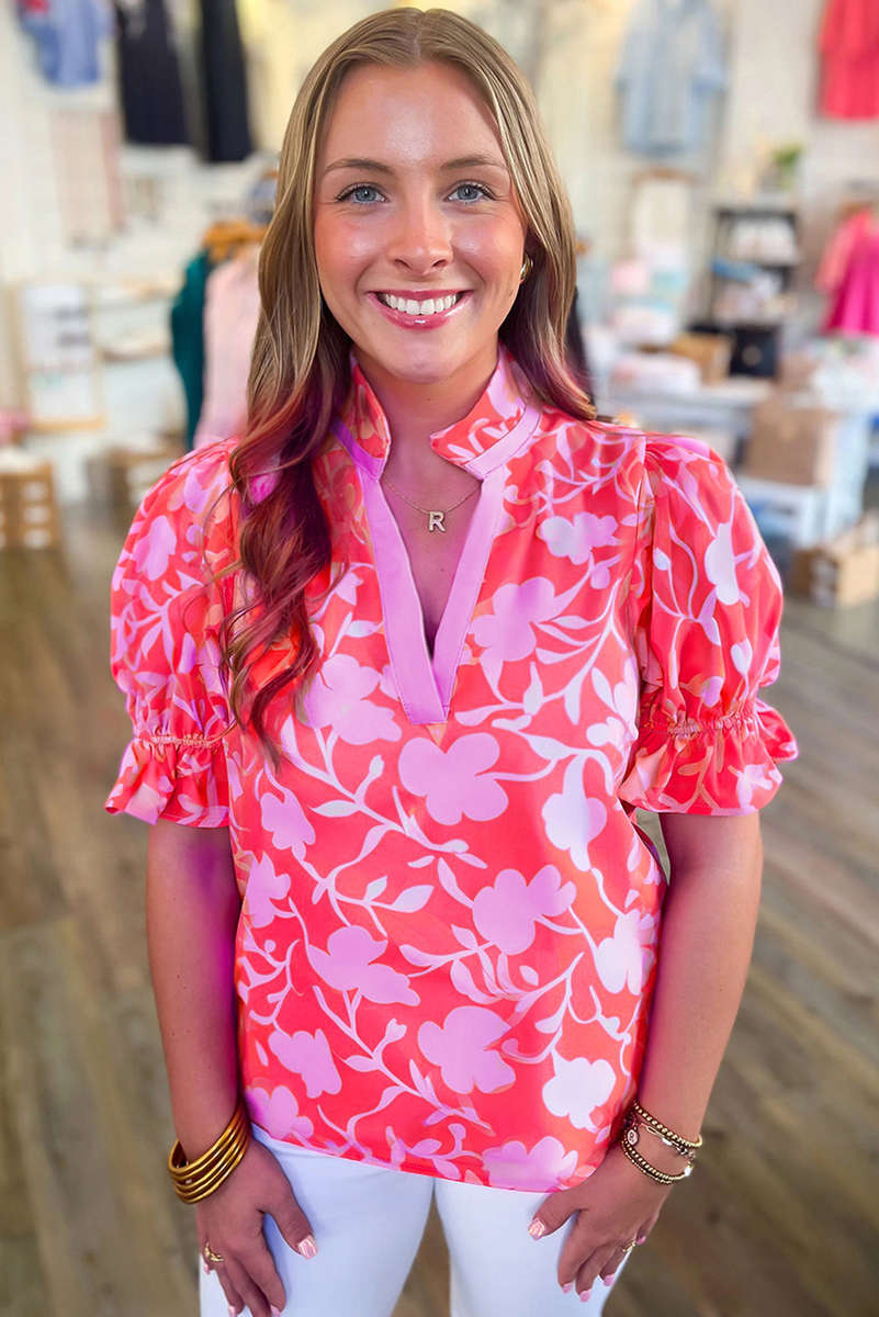 Red Floral Split V Neck Ruffled Short Sleeve Blouse Top