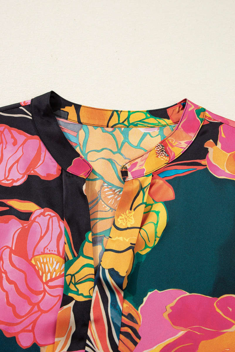 Black Floral Print Smocked Cuffs Puff Sleeve V Neck Blouse