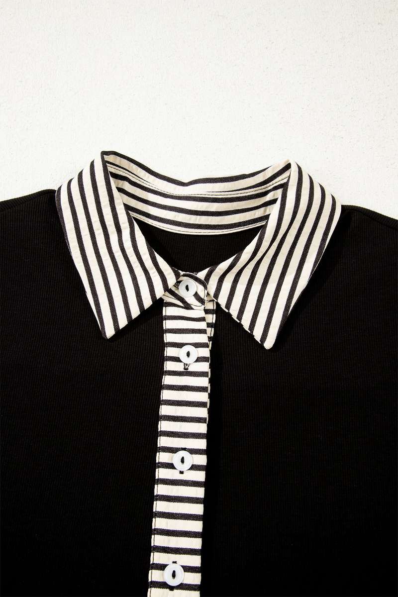 Black Stripe Detail Polo Collar Half Buttons Tied Short Sleeve Shift Mini Dress