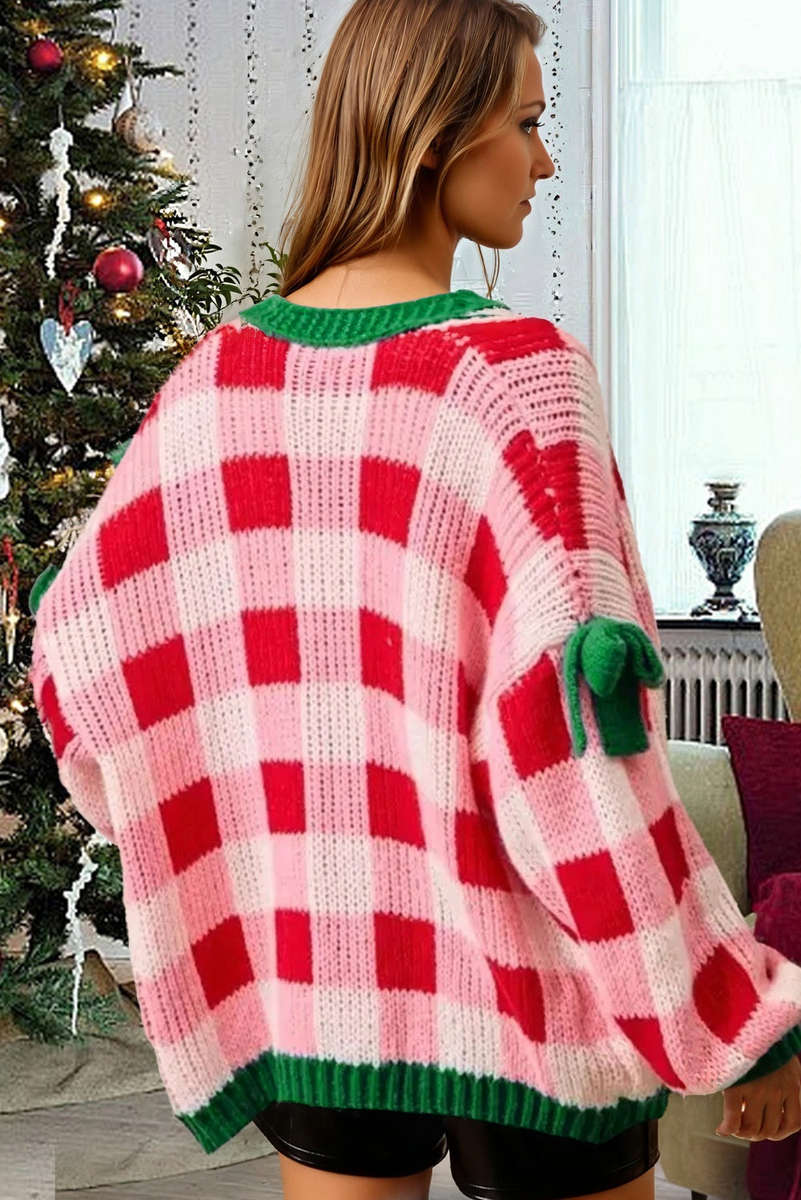 Pink Plaid Knit Bow Knot Decor Open Front Sweater Cardigan