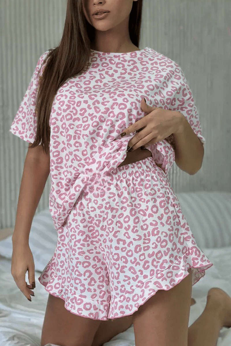 Pink Leopard Print Crew Neck Tee and Ruffled Shorts 2 Lounge Set