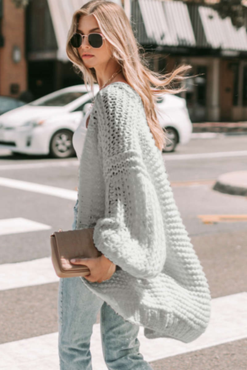 Gray Chunky Oversize Knit Drop Shoulder Puff Sleeve Cardigan