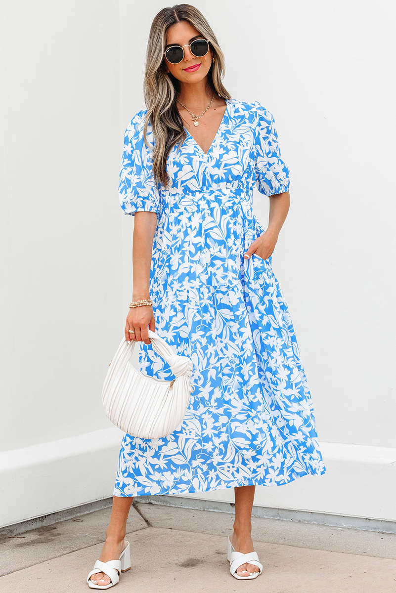 Sky Blue Floral V Neck Puff Short Sleeve Flowy Long Dress