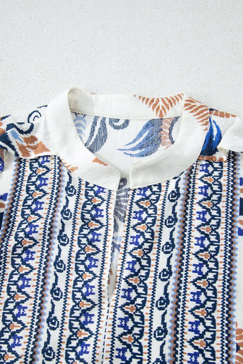Sky Blue Plus Size Boho Print Split Neck Long Sleeve Mini Dress