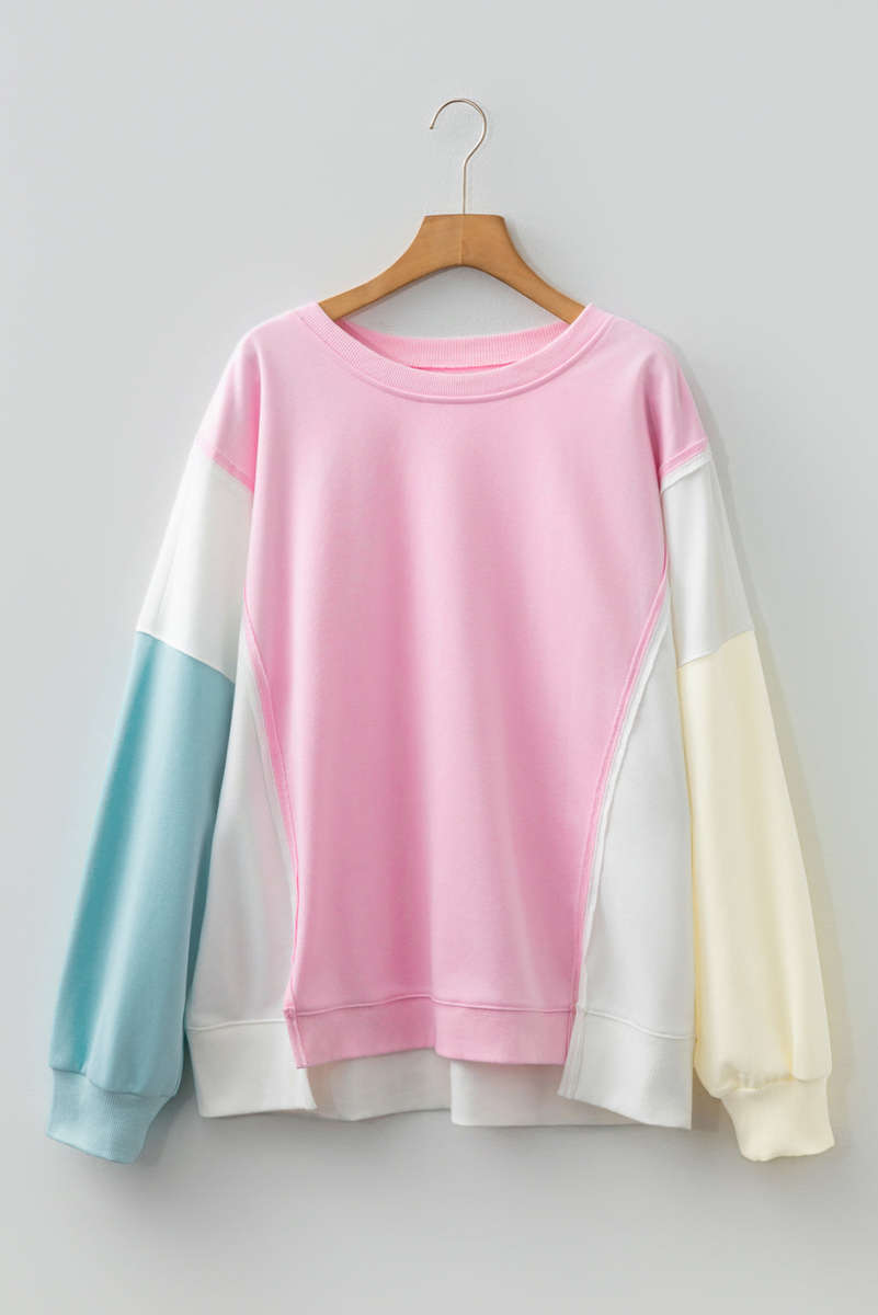 Pink Colorblock Patchwork Drop Shoulder Plus Size Sweatshirt
