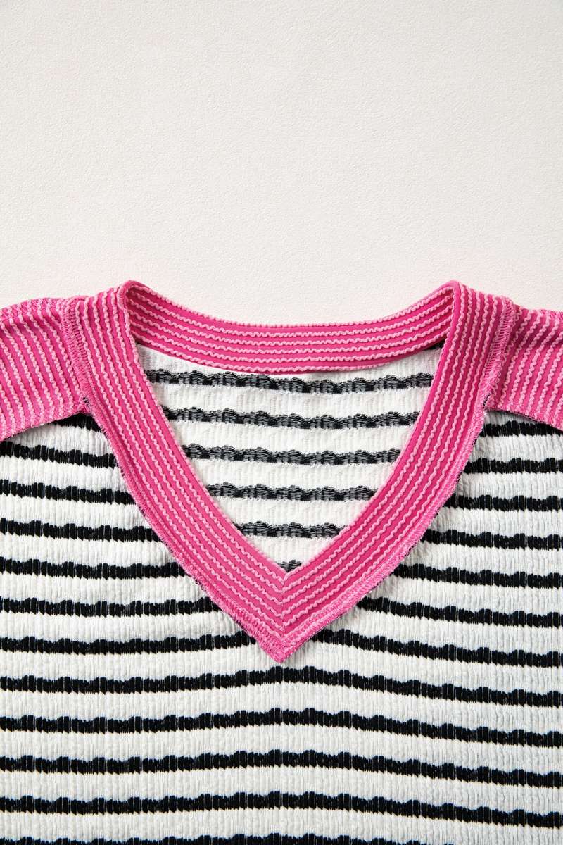 Black Stripe Textured Knit Twisted Rib Contrast Patchwork V Neck Long Sleeve Top