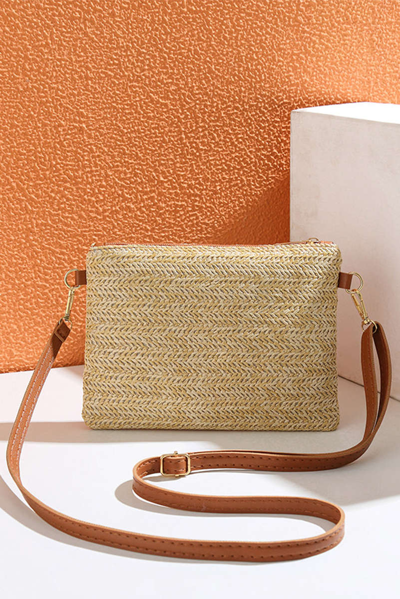Beige Bow Pearl Decor Straw PU Leather Patched Crossbody Bag