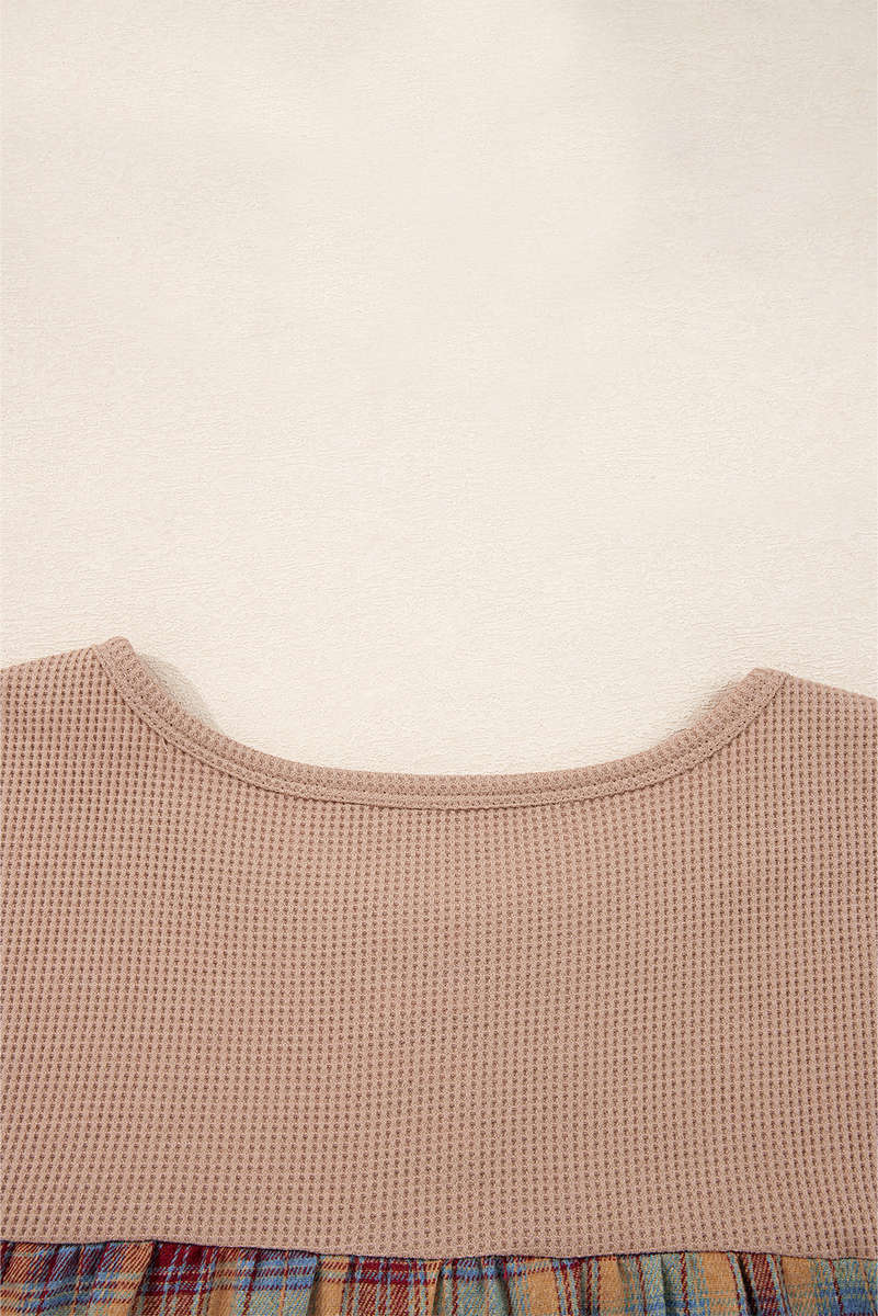 Straw Yellow Waffle Stripe Plaid Patchwork Henley Knit Top