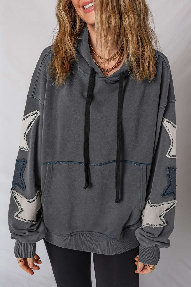 Carbon Grey Star Patchwork Contrast Stitching Mineral Wash Kangaroo Pocket Vintage Hoodie