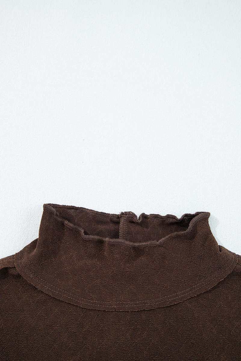 Cinnamon Lettuce Trim Raw Seam Patchwork Jacquard Long Sleeve Top