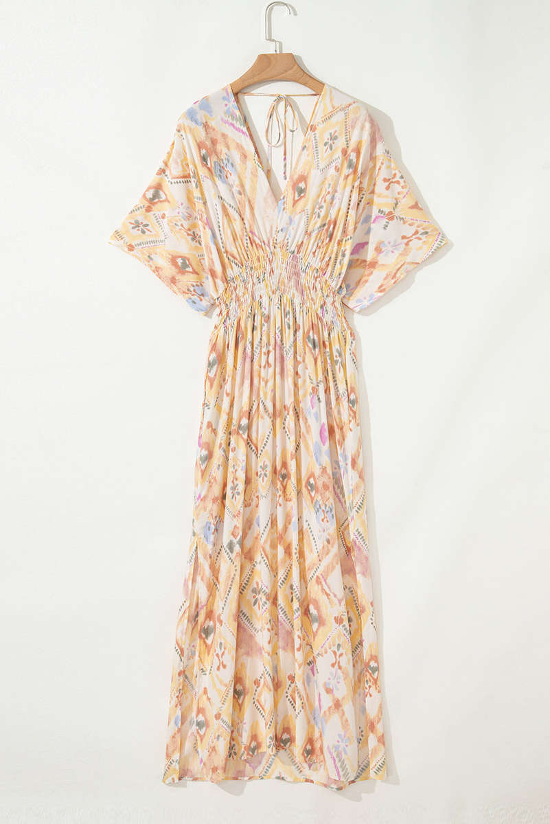 Multicolour Geometric Print Half Sleeve Shirred High Waist Maxi Dress