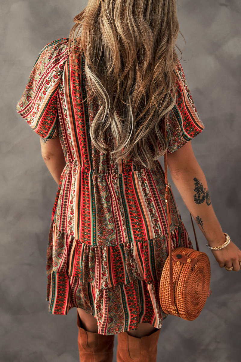 Red Bohemian Floral Print Buttoned V Neck Ruffle Tiered Dress