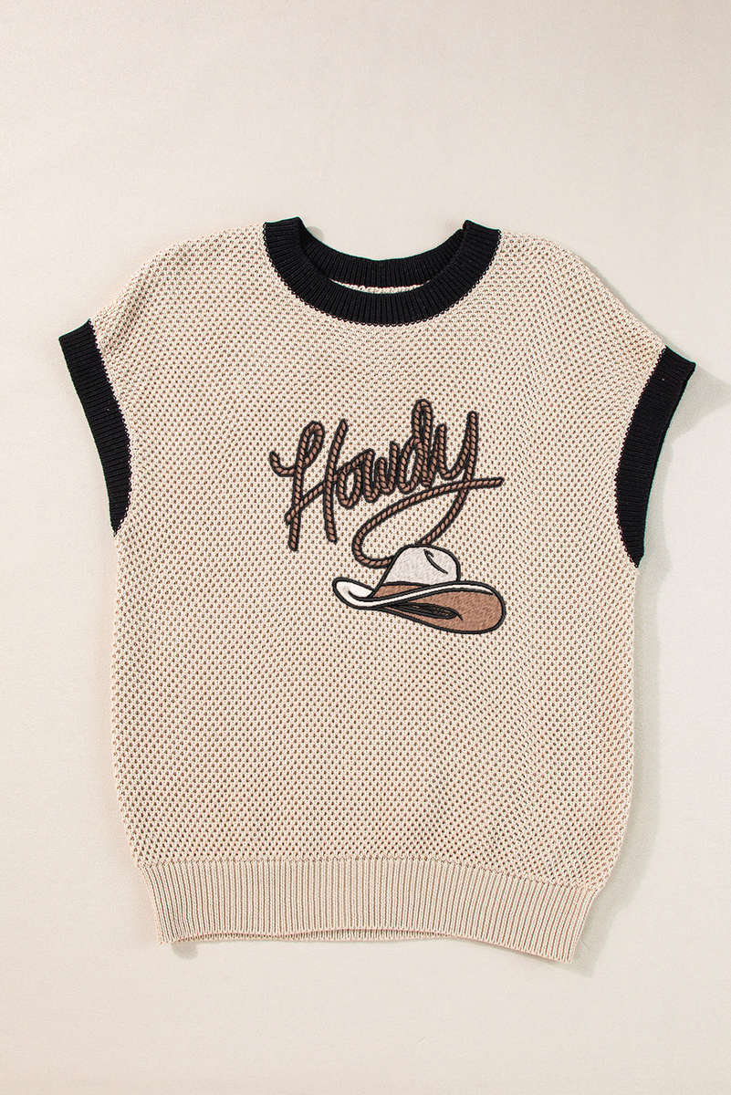 Light French Beige Howdy Cowboy Hat Embroidered Short Sleeve Sweater