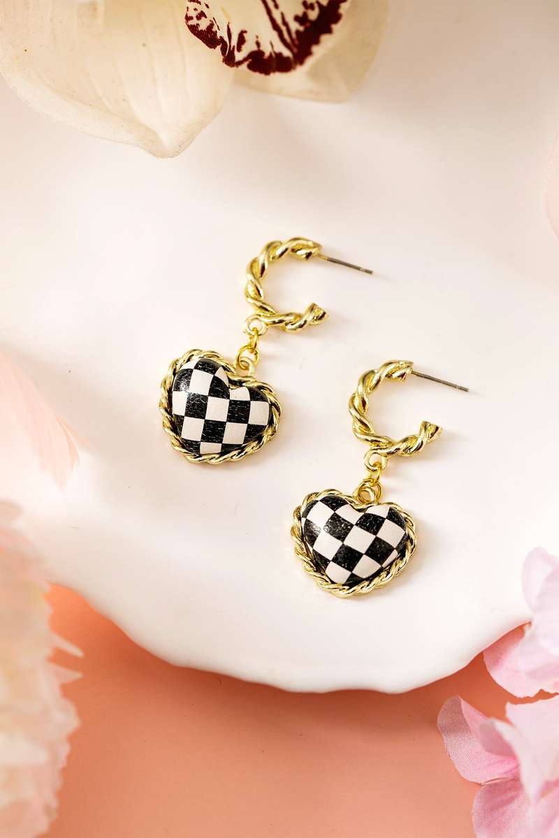 Black Checkered Heart Dangle Gold Plated Twisted Hoop Stud Earrings