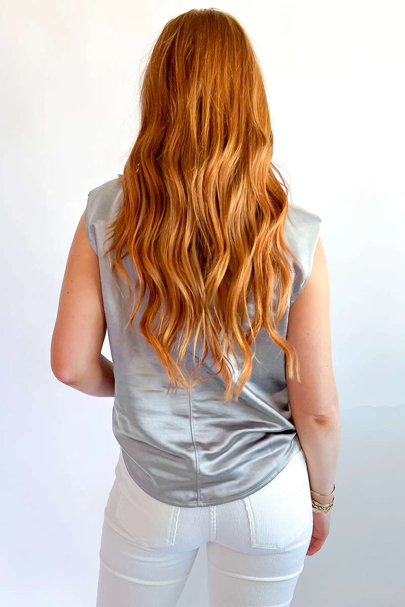 Silvery Metallic Luster Crew Neck Shift Tank Top