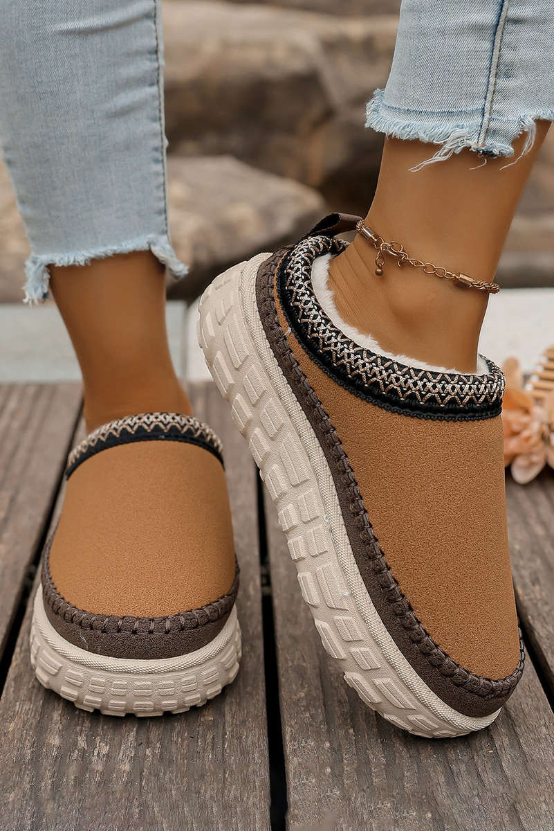 Coffee Contrast Stitch Detail Faux Suede PU Patchwork Plush Winter Clog Slippers